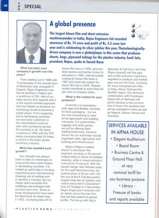 Interview of REL's honorable president Mr.Sunil Jain in one of the most esteemed magazines of India - Plastic News (November edition). The interview was taken by Mr.Sarosh Bana.