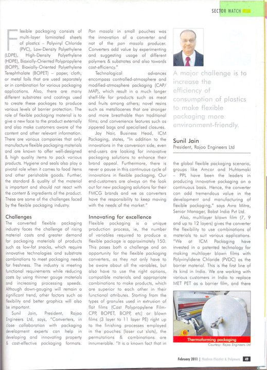 Rajoo Engineers Ltd.'s President Mr.Sunil Jain's article in Modern Plastics and Polymers' February - 2011 issue.