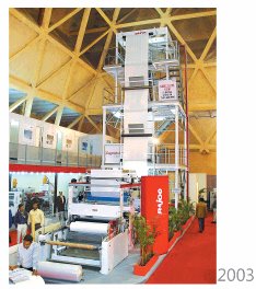 Rajoo Engineers introduced world's first Two Layer TQPP Downward Extrusion Blown Film Line displayed at Plastindia 2003. The line is an alternative to produce lower end BOPP films for lamination. This line was also displayed at K-2004.