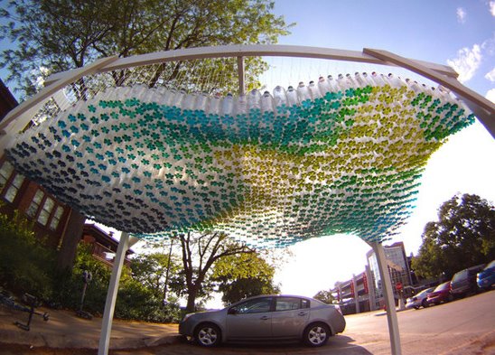 Parking canopy made from recycled plastic bottles.