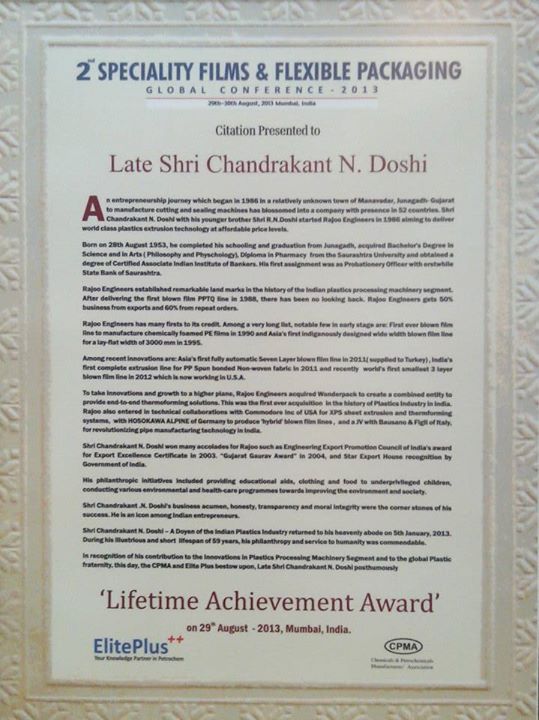 Life Time Achievement Award to C N DOSHI