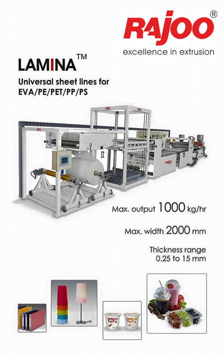 LAMINA series of sheet lines are designed for absolute ease of operation and are available in a host of configurations to suit individual customer's requirements with output ranging from 110 kg/hr to 1000 kg/hr, width ranging from 540 mm to 1400 mm, in single to five layer configuration for processing various polymers like PS, PP, PE and PET. Lamina rPET sheet line is a star performer suitable to process PET bottle flakes to produce sheet for various applications including thermoforming.

#Plastics #RajooEngineers