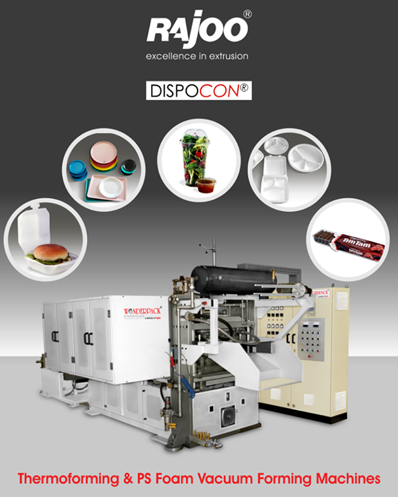 Dispocon finds application in various disposable products like tea cups, plate, hinge lid containers for fast food, egg containers, meet and fruit tray etc. Dispocon vacuum formers are exceptionally sturdy, durable and low maintenance machines firmly established as industry's most energy efficient and least vibrating vacuum formers with patented trim press.

 #RajooEngineers #Rajkot