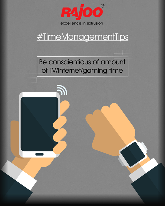 Time spent browsing social media or gaming or watching TV and movies can be one of the biggest drains on productivity.
Become more aware of how much time you spend on these activities. Simply by noticing how they’re sucking up your time you’ll begin to do them less.

#TimeManagementTips #RajooEngineers #Rajkot #PlasticMachinery #Machines #PlasticIndustry