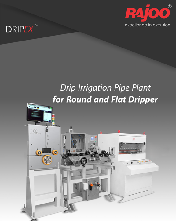 Rajoo Engineers Limited,India offers drip irrigation extrusion systems for round and flat dripper with servo driven dripper insertion device, max output 250kg/hours. Dripex is equipped with two stainless steel Vacuum sizing tank and cooling System for precise water pressure, high corrosion resistant and long useful life. The 3-axis mechanical adjustment system with lateral position control allows quick precise positioning. The double belt haul-off is provided for optimum pulling force and to prevent ovality in pipe.

#RajooEngineers #Rajkot #PlasticMachinery #Machines #PlasticIndustry