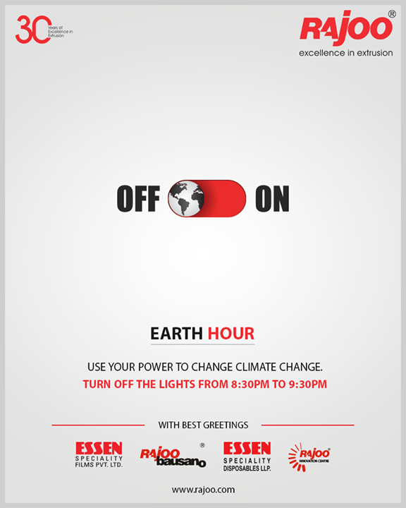 Use your power to change climate change. Turn OFF the lights from 8:30pm to 9:30pm

#EarthHour #EarthHour2019 #Environment #SaveThePlanet #RajooEngineers #Rajkot #PlasticMachinery #Machines #PlasticIndustry