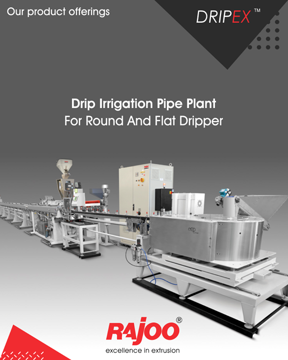 Rajoo Engineers Limited,India offers drip irrigation extrusion systems for round and flat dripper with servo-driven dripper insertion device, max output 250kg/hours. Dripex is equipped with two stainless steel Vacuum sizing tank and Cooling System for precise water pressure, high corrosion resistant and long useful life. The 3-axis mechanical adjustment system with lateral position control allows quick precise positioning. The double belt haul-off is provided for optimum pulling force and to prevent ovality in the pipe.

#RajooEngineers #Rajkot #PlasticMachinery #Machines #PlasticIndustry