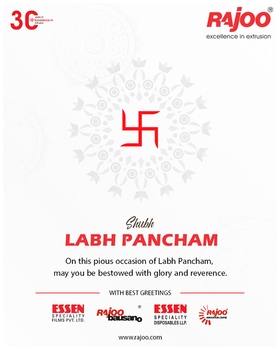 On this pious occasion of Labh Pancham, may you be bestowed with glory and reverence.

#HappyLabhPancham #ShubhLabhPancham #LabhPancham2019 #LabhPancham #Celebration #FestiveSeason #IndianFestivals #Diwali2019 #RajooEngineers #PlasticMachinery #Machines #PlasticIndustry