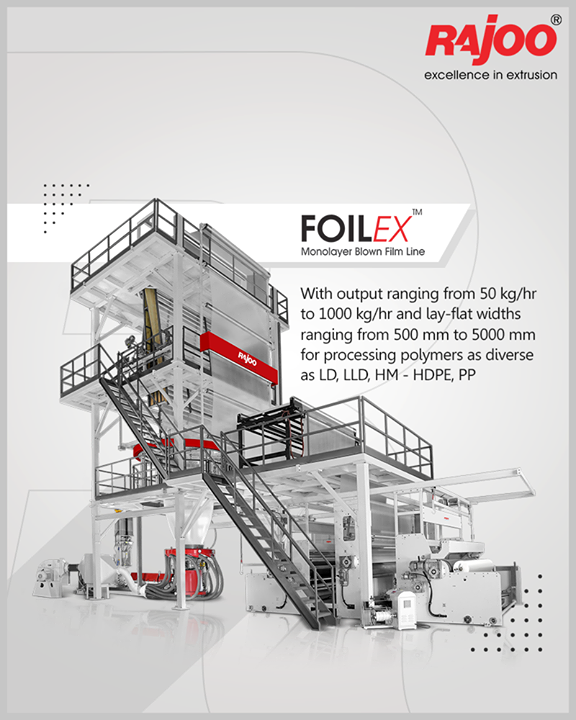 FOILEX - series of monolayer blown film lines are available with outputs ranging from 50 kg/hr to 1000 kg/hr and lay-flat widths ranging from 500 mm to 5000 mm for processing polymers as diverse as LD, LLD, HM - HDPE, PP.

#RajooEngineers #Rajkot #PlasticMachinery #Machines #PlasticIndustry