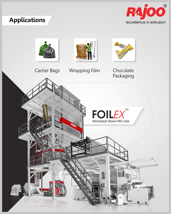 FOILEX by Rajoo Engineers Limited has a plethora of applications like general-purpose film, HDPE pick-up bag, Shade-net film, Lamination grade film, HD twist wrap film, Stretch and cling film, Shrink film, Anti-rust film, and Paper-like film.

#RajooEngineers #Rajkot #PlasticMachinery #Machines #PlasticIndustry