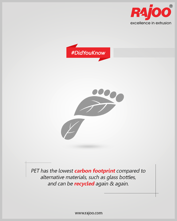 #DidYouKnow

PET has the lowest carbon footprint compared to alternative materials, such as glass bottles, and can be recycled again & again.

#PlasticFacts #RajooEngineers #Rajkot #PlasticMachinery #Machines #PlasticIndustry
