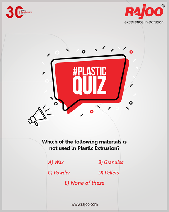#PlasticQuiz

Which of the following materials is not used in Plastic Extrusion?

Do you know the answer? tell us in the comments below!

#RajooEngineers #Rajkot #PlasticMachinery #Machines #PlasticIndustry #PlasticSheet #PlasticFilm