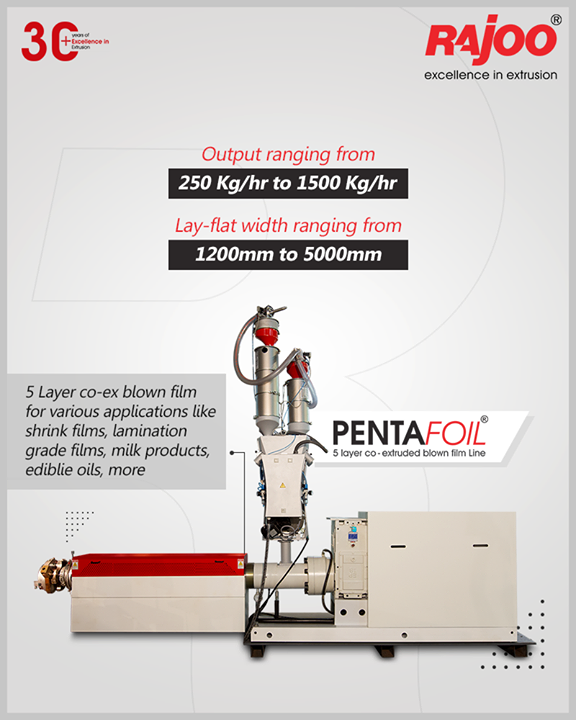 Pentafoil: 5 Layer co-ex blown film for various applications like shrink films, lamination grade films, milk products, edible oils, more. Output ranging from 250 Kg/hr to 1500 Kg/hr. Lay-flat width ranging from 1200mm to 5000mm.

#RajooEngineers #Rajkot #PlasticMachinery #Machines #PlasticIndustry #PlasticSheet #PlasticFilm