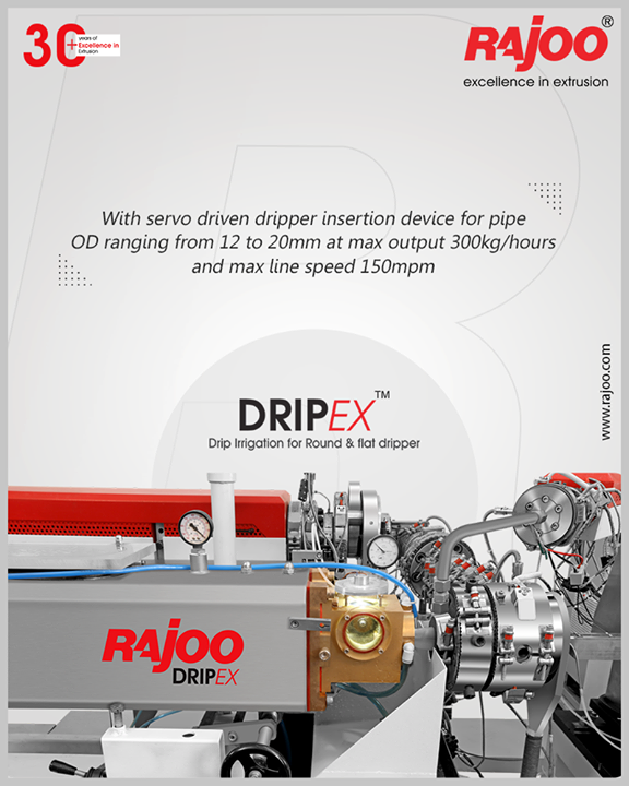 Drip Irrigation Extrusion Systems with servo driven dripper insertion device for pipe OD ranging from 12 to 20mm at max output 300kg/hours and max line speed 150mpm.

#RajooEngineers #Rajkot #PlasticMachinery #Machines #PlasticIndustry