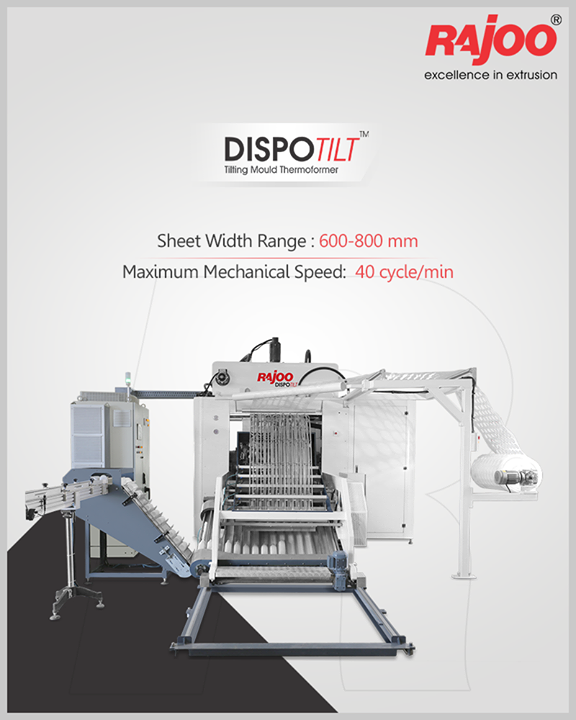 Dispotilt by Rajoo Engineers Limited offers sheet width range of 600-800 mm and maximum mechanical speed of 40 cycles/min.
For Inquiries, call 9712932706

#RajooEngineers #Rajkot #PlasticMachinery #Machines #PlasticIndustry