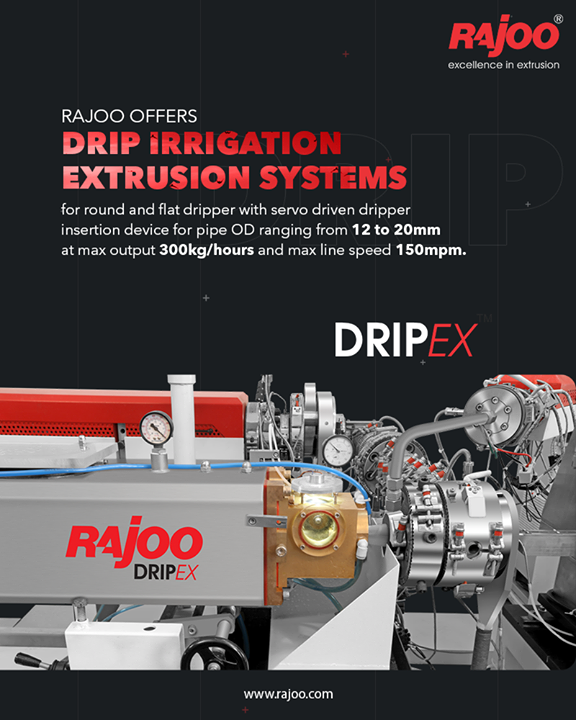 DRIPEX by Rajoo Engineers Limited offers drip irrigation extrusion systems for round and flat dripper with servo driven dripper insertion device for pipe OD ranging from 12 to 20mm at max output 300kg/hours and max line speed 150mpm.

#RajooEngineers #Rajkot #PlasticMachinery #Machines #PlasticIndustry
