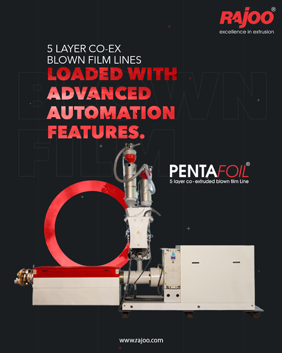 Pentafoil – 5 layer blown film lines are customized based on films to be produced, as such, there are no generic machine configurations. 5 layer blown film lines are available with advanced automation features like integrated material conveying, scratch free film, GSM control, gravimetric blending and dosing, non-contact type IBC system with digital correction, automatic thickness control (with the non-contact capacitive sensor or gamma backscatter nuclear sensor), and fully automatic center-gap-surface. Integrated touchscreen supervisory process control is provided thus rendering it operator friendly.

#RajooEngineers #Rajkot #PlasticMachinery #Machines #PlasticIndustry