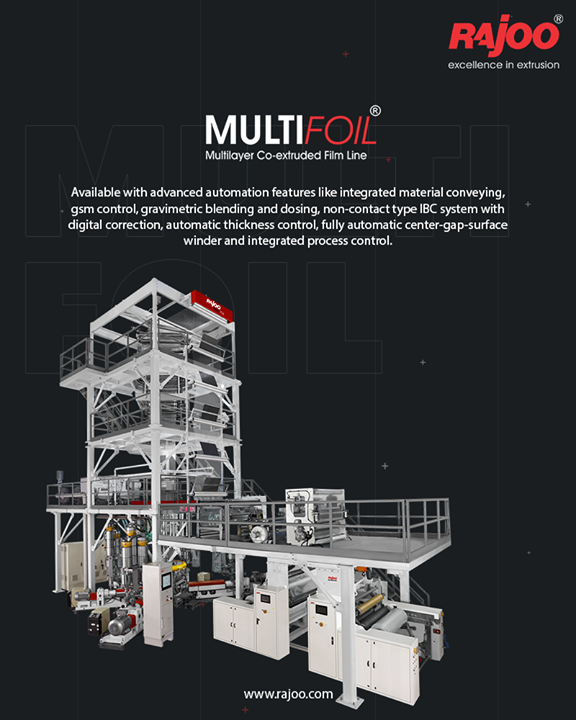 Multifoil – 3 layer blown film lines are available with advanced automation features like integrated material conveying, gsm control, gravimetric blending and dosing, non-contact type IBC system with digital correction, automatic thickness control, fully automatic center-gap-surface winder and integrated process control.

#RajooEngineers #Rajkot #PlasticMachinery #Machines #PlasticIndustry