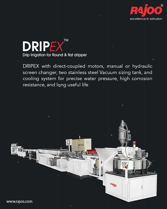 Dripex by Rajoo Engineers Limited comes with direct-coupled motors, manual or hydraulic screen changer, two stainless steel Vacuum sizing tank, and cooling system for precise water pressure, high corrosion resistance, and long useful life.

#RajooEngineers #Rajkot #PlasticMachinery #Machines #PlasticIndustry