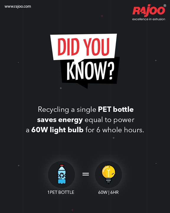 Did You Know?

Recycling a single PET bottle saves energy equal to power a 60W light bulb for 6 whole hours.

#BenefitsOfPlastic #RajooEngineers #Rajkot #PlasticMachinery #Machines #PlasticIndustry