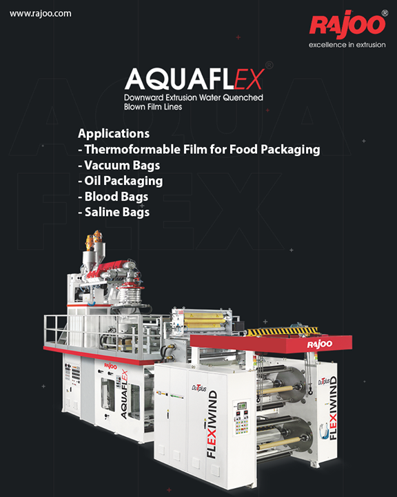 The versatile Downward Extrusion Water Quenched Blown Film Lines, Aquaflex, can be used to make Thermoformable asymmetric film for food packaging, Vacuum bags, Oil packaging, Blood bags, and more.

#RajooEngineers #Rajkot #PlasticMachinery #Machines #PlasticIndustry