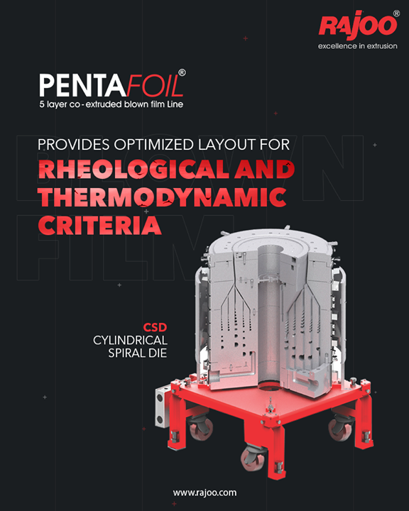 Pentafoil – 5 layer blown film line with CSD- Cylindrical Spiral Die (bottom fed vertical cylindrical spiral system) is state-of-the-art and provides optimized layout for rheological and thermodynamic criteria.

#RajooEngineers #Rajkot #PlasticMachinery #Machines #PlasticIndustry