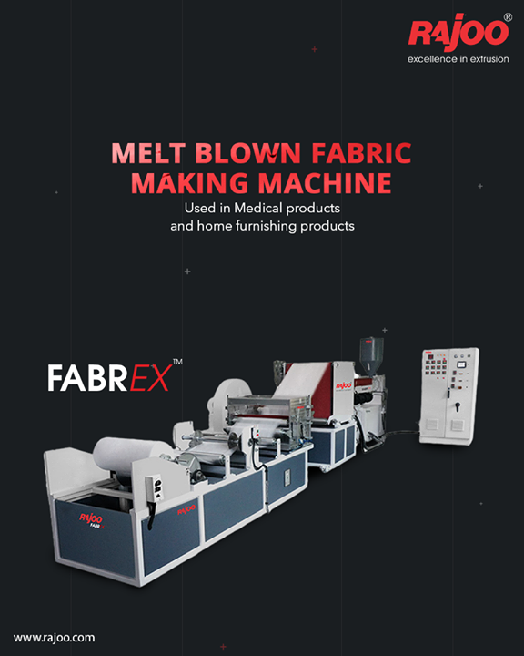 FabrEX® nonwoven lines are designed and manufactured targeting various applications to provide specific functions such as absorbency, liquid repellence, resilience, stretch, softness, strength, flame retardant, washable, cushioning, filtering, use as a bacterial barrier, and sterility. 

#RajooEngineers #Rajkot #PlasticMachinery #Machines #PlasticIndustry