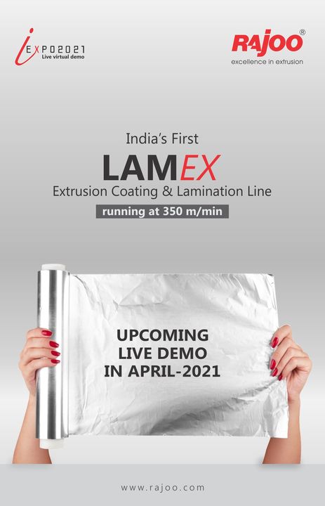 We are participating at Expo'21.

Request for live demo for Lamex, India's first extrusion coating and lamination line by clicking the link below
https://www.rajoo.com/request_a_demo.html

#RajooEngineers #Rajkot #PlasticMachinery #Machines #PlasticIndustry