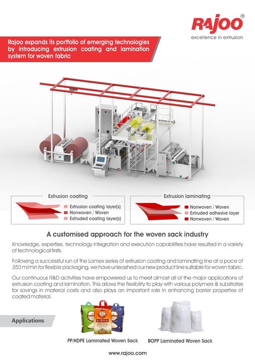 Following a successful run of the Lamex series of extrusion coating and laminating, we are expanding our portfolio of emerging technologies by introducing extrusion coating and lamination systems for Woven Fabric.

#RajooEngineers #Rajkot #PlasticMachinery #Machines #PlasticIndustry