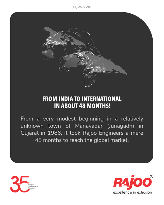 From India to International in about 48 months!

From a very modest beginning in a relatively unknown town of Manavadar (Junagadh) in Gujarat in 1986, it took Rajoo Engineers a mere 48 months to reach the global market.

#RajooEngineers #Rajkot #PlasticMachinery #Machines #PlasticIndustry