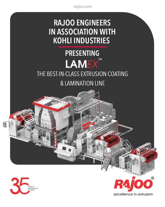 We proudly present, LAMEX, Extrusion Coating & Lamination Line designed for absolute ease of operation and are available in a host of configurations to suit individual customer's requirements for width range from 800 – 1600 mm, line speed from 250-400 m/min for coating & lamination of various substrates like CPP/BOPET/BOPP/LDPE and sealant films with a range of polymers – PP, LLDPE, LDPE, EVA, EMA, and other exotic polymers.

#RajooEngineers #Rajkot #PlasticMachinery #Machines #PlasticIndustry