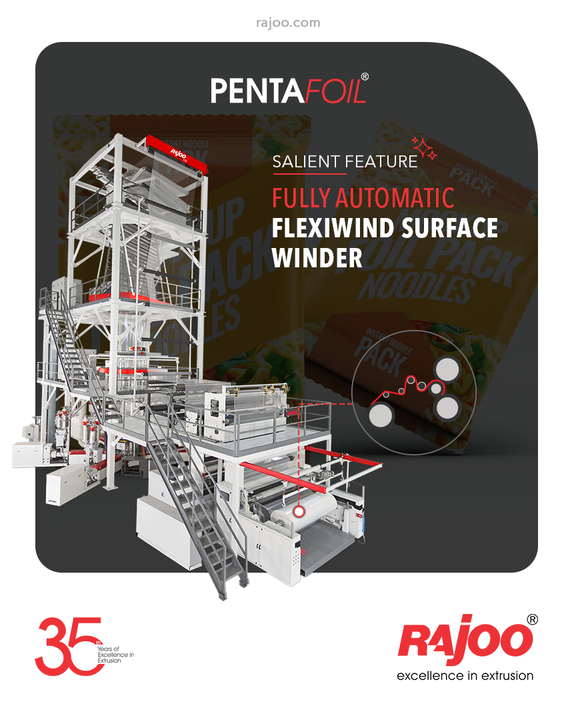 Pentfoil by Rajoo Engineers is not only ultra-efficient but also convenient as it is equipped with features like a Fully Automatic FLEXIWIND Surface Winder.

#RajooEngineers #Rajkot #PlasticMachinery #Machines #PlasticIndustry