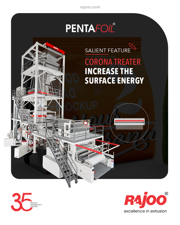 The Versatile 5 Layer Blown Film Line from Rajoo Engineers, Pentafoil, is equipped with a Corona Treater to effectively & conveniently increase the surface energy of plastic films, foils, & paper in order to allow improved wettability and adhesion of inks, coatings, & adhesives.

#RajooEngineers #Rajkot #PlasticMachinery #Machines #PlasticIndustry