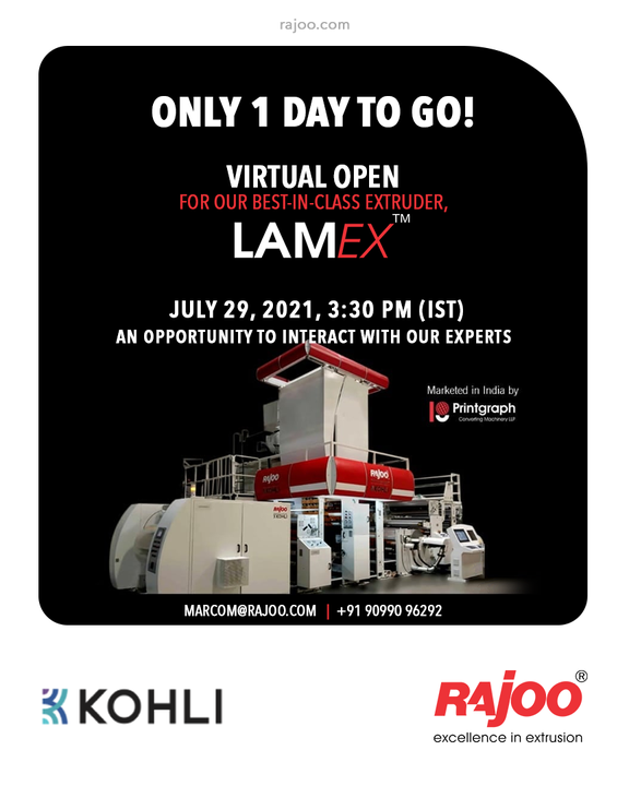1 Days to GO-Register Now

Open House of the state of the art, LAMEX Extrusion Coating & Lamination Line with Speeds of 350 mpm.

Witness live streaming from our customer Balaji Multiflex Pvt. Ltd. and ask your questions in an interactive session with our experts.

Block Your Calendar:
Thursday, July 29, 2021
@3:30pm(IST)

Register now: https://bit.ly/3xgeBf8

Share your questions or queries on marcom@rajoo.com

#VirtualOpenHouse #UpcomingEvent #LAMEX #RajooEngineers #Rajkot #PlasticMachinery #Machines #PlasticIndustry #StayTuned #Exhibition