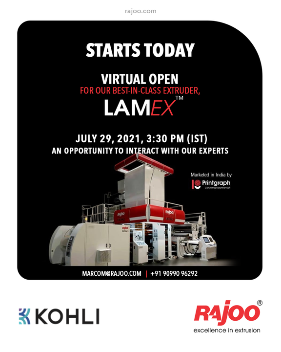 Starts Today - Register Now
Open House of the state of the art, LAMEX Extrusion Coating & Lamination Line with Speeds of 350 mpm.
Witness live streaming from our customer Balaji Multiflex Pvt. Ltd. and ask your questions in an interactive session with our experts.

Block Your Calendar:
Thursday, July 29, 2021
@3:30pm(IST)

Register now: https://bit.ly/3xgeBf8

Share your questions or queries on marcom@rajoo.com

#VirtualOpenHouse #UpcomingEvent #LAMEX #RajooEngineers #Rajkot #PlasticMachinery #Machines #PlasticIndustry #StayTuned #Exhibition
