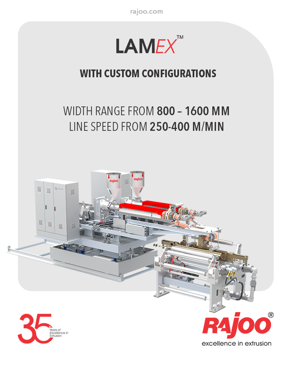 LAMEX series of extrusion coating and lamination lines are designed for absolute ease of operation and are available in a host of configurations to suit individual customer's requirements for width range from 800 – 1600 mm, line speed from 250-400 m/min for coating & lamination of various substrates like CPP/BOPET/BOPP/LDPE and sealant films with a range of polymers – PP, LLDPE, LDPE, EVA, EMA and other exotic polymers.

#RajooEngineers #Rajkot #PlasticMachinery #Machines #PlasticIndustry
