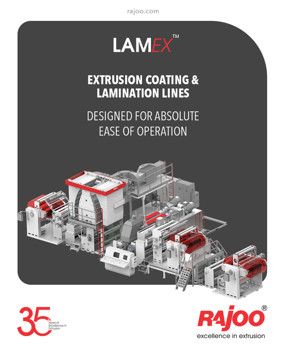 LAMEX series of extrusion coating and lamination lines are designed for absolute ease of operation and are available in a host of configurations to suit individual customer's requirements for width range from 800 – 1600 mm, line speed from 250-400 m/min for coating & lamination of various substrates like CPP/BOPET/BOPP/LDPE and sealant films with a range of polymers – PP, LLDPE, LDPE, EVA, EMA and other exotic polymers.

#RajooEngineers #Rajkot #PlasticMachinery #Machines #PlasticIndustry