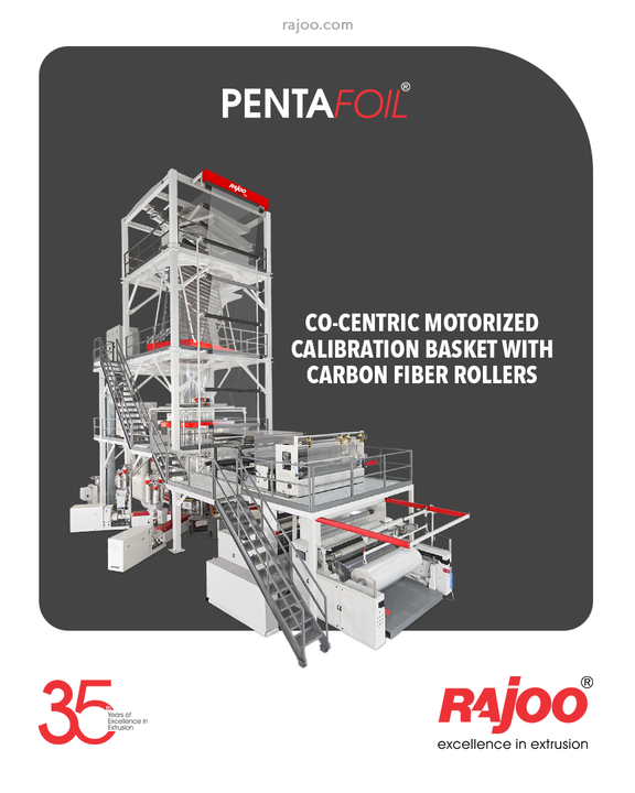 The Versatile 5 Layer Blown Film Line from Rajoo Engineers, Pentafoil, is equipped with a Co-Centric Motorized Calibration Basket with Carbon Fiber Rollers to stabilize the blown film bubble directly over the die and air ring which in turn increases the production rate.

#RajooEngineers #Rajkot #PlasticMachinery #Machines #PlasticIndustry