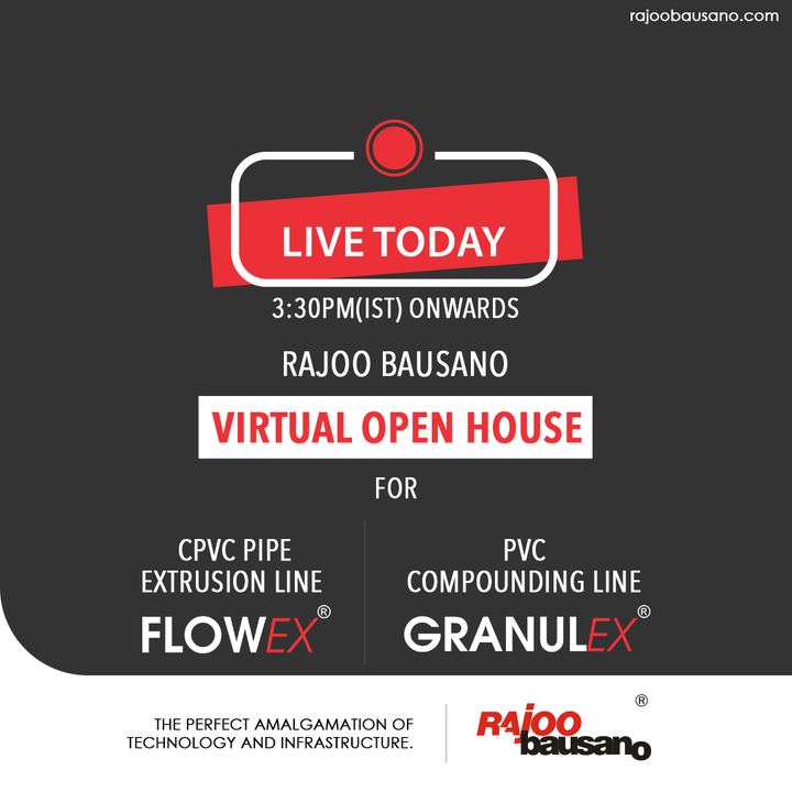 The wait is over. The day of the Grandiose & Virtual Open House for our extruders 'Flowex' & 'Granulex’ is here!

Join us on Zoom at 3:30 PM!

Join us by registering yourself using this link: https://zoom.us/.../4916345484544/WN_vMt4IEeRSvKzRFUAfet9Og

#JoinUs #VirtualOpenHouse #RajooBausano #RBE #Engineering #Excellence #CompositeExtrusion #Technology #Infrastructure