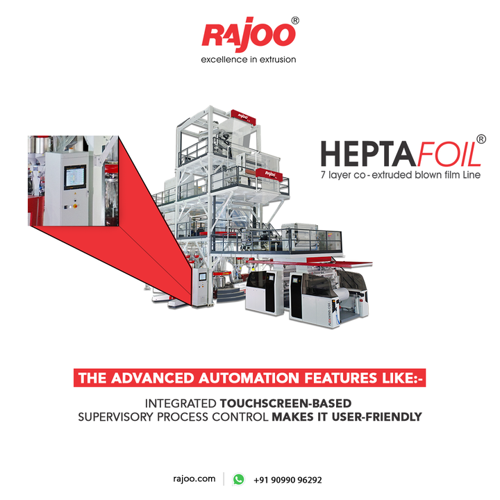 HEPTAFOIL , the versatile extruder is equipped with advanced features. An integrated touch-screen-based supervisory process control is provided thus rendering it operator friendly.

We at Rajoo believe in fulfilling the needs of our customers by extending outstanding gigantic machinery that gives appropriate packaging solutions. 

For more information,
Visit our website
https://www.rajoo.com/

#RajooEngineers #Rajkot #PlasticMachinery #Machines #PlasticIndustry