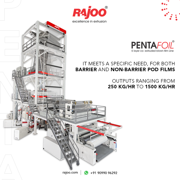 The versatile co-extruder has an incredible output range of 250kg/hr to 1500kg/hr. It satisfies the requirement for both barrier and non-barrier POD films.

#Pentafoil #Engineering #Excellence #RajooEngineers #Rajkot #PlasticMachinery #Machines #PlasticIndustry