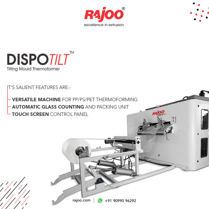The versatile extruder DISPOTILT is exceptional for outstanding output due to its impeccable features such as its suitability for PP/PS/PET thermoforming, automatic glass counting and packing unit, and touch screen control panel.

For more information,
Visit our website,
https://www.rajoo.com/dispotilt.html

#RajooEngineers #Rajkot #PlasticMachinery #Machines #PlasticIndustry