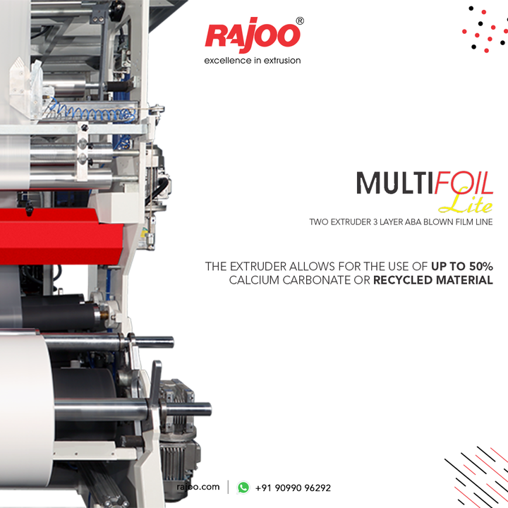 The Multifoil lite extruder can use up to 50% calcium carbonate or recycled material. It comes with a trademark of quality. It reduces the cost of ownership, downtime, energy efficiency, and adaptability to a variety of applications. It meets the needs of customers.

For more information.
Visit our website,
https://www.rajoo.com/multifoil_lite.html

#MultifoilLite #RajooEngineers #Rajkot #PlasticMachinery #Machines #PlasticIndustry