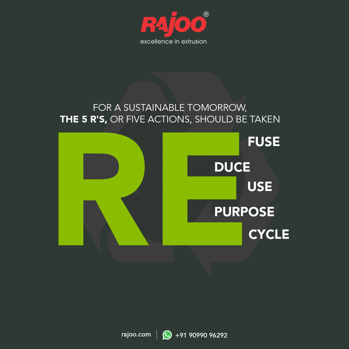 Let us incorporate the 5 R's into our lives to protect the environment and ensure a sustainable future. Waste management, recycling, and other waste-reduction activities can help to protect the environment.

#Refuse #Reduce #Reuse #Repurpose #Recycle #RajooEngineers #Rajkot #PlasticMachinery #Machines #PlasticIndustry