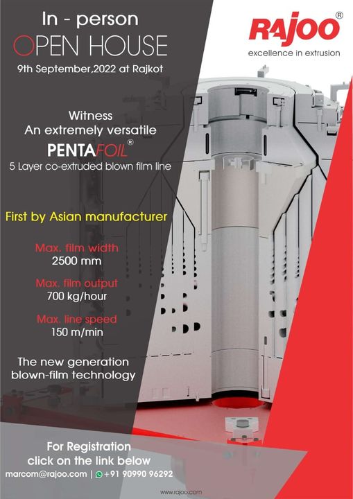 GO- Register Now!

Here is an amazing opportunity to be a part of the 'Open House.' It will be an insightful session to discuss the new generation blown film technology PENTAFOIL 5 Layer Co Extruder. Our experts will be glad to brief & discuss about it. 

Mark your calendar, 
September 9, 2022 in Rajkot.

To registration link,
https://docs.google.com/forms/d/e/1FAIpQLSeH-OJnd9SogU6aYgEzQlAMGuurbg6GMsrQwj_2vr--zYb6og/viewform?usp=pp_url

Warm Regards
Rajoo Engineers Ltd.

#OpenHouse #NewGenerationBlownFilm #Technology #RajooEngineers #Rajkot #PlasticMachinery #Machines #PlasticIndustry