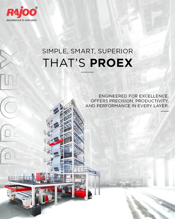 Whether you're processing HDPE (High-Density Polyethylene), LDPE(Low Density Polyethylene), or LLDPE(Linear Low-Density Polyethylene), PROEX delivers consistent film quality with superior gauge control, high output, and energy efficiency. It’s ideal for industrial, packaging, and agricultural applications where quality and cost-effectiveness go hand-in-hand.
Take your extrusion operations to the next level with PROEX.

#PROEX #MonolayerExcellence #BlownFilmSolutions #RajooEngineers #FlexiblePackaging