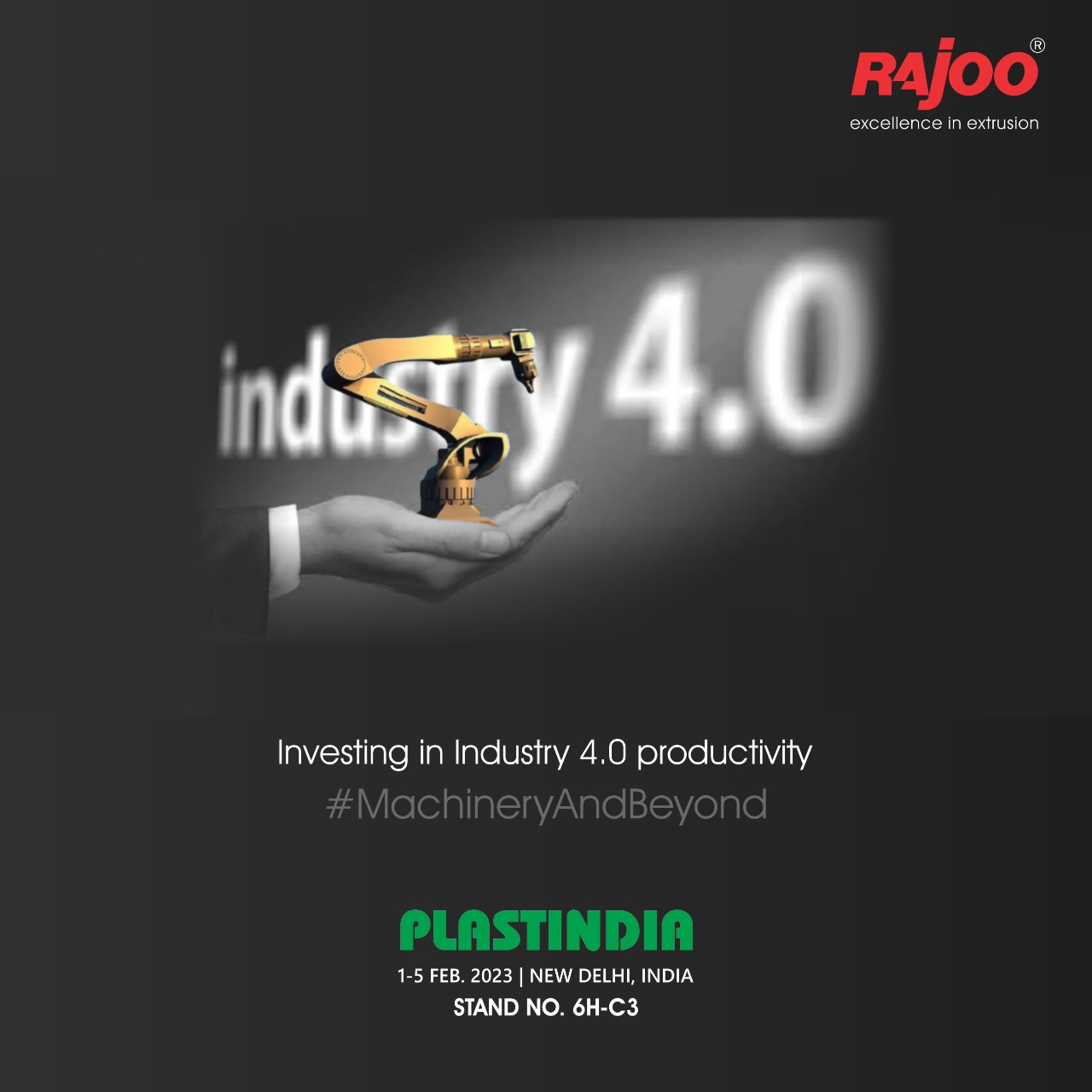 With our inventions and investments in extrusion technology, we are able to improve and able to take advance machinery beyond the horizon which can exceed the expectations of our clients. Visit Plastindia 2023 to experience breakthroughs, notable innovations, and technology.<br /><br />Let's meet<br />At<br />Date: 1-5 Feb, 2023<br />Visit us at: Stand No. 6H-C3<br />Venue: Pragati Maidan,<br />New Delhi, India<br /><br />#PlastIndia #RajooAtPlastIndia #PlasticExhibition #MachineryAndBeyond #Innovation #Globalization #Sustainability #Growth #Plastics #Engineering #Plastindia2023 #MakeInIndia #Plastic #IndustrialMachines #PragatiMaidan #NewDelhi #India #Plastics #Exhibition #Manufacturing #Packaging #CountDown #RajooEngineers #Rajkot #PlasticMachinery #Machines #PlasticIndustry