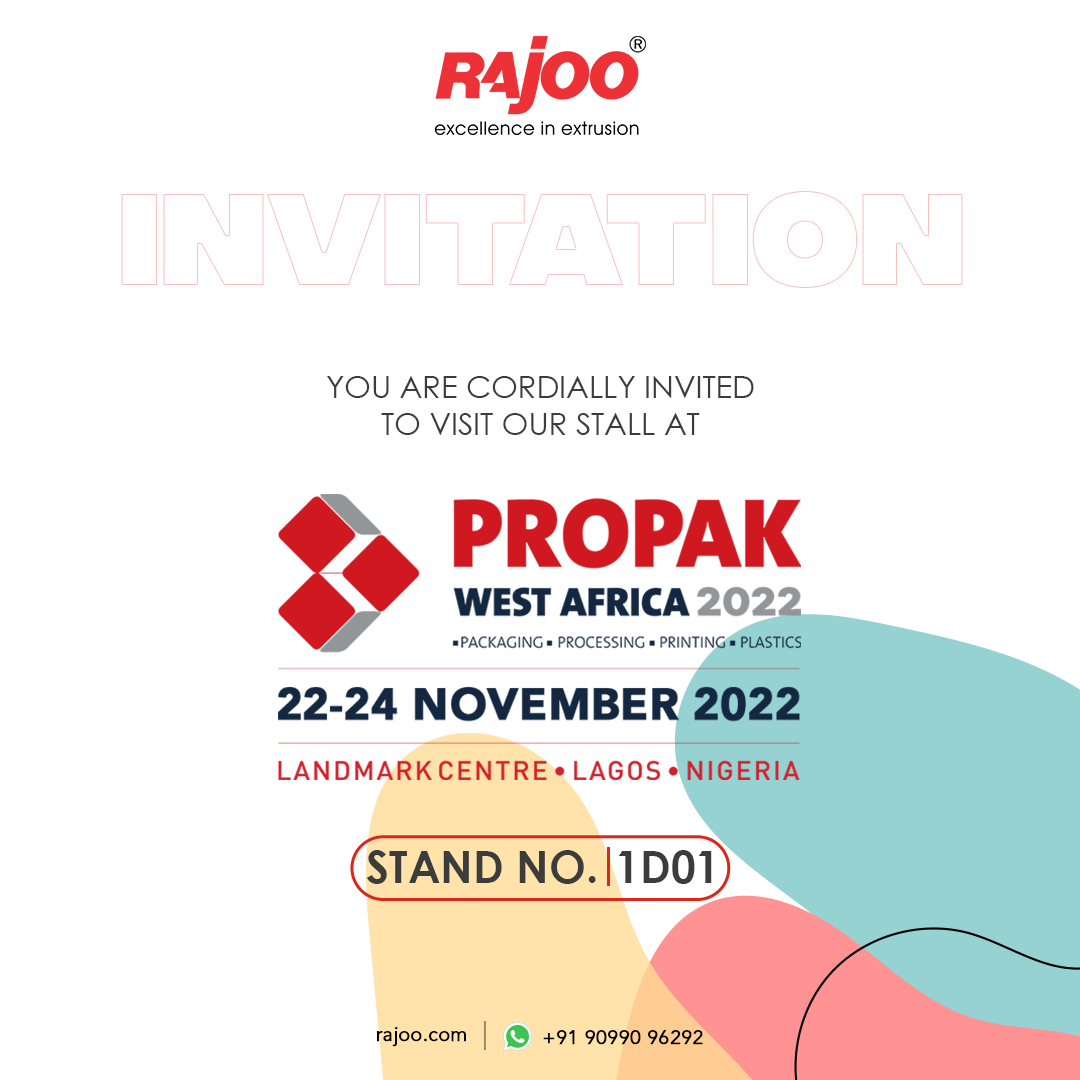 It is our immense pleasure to invite you to Propak 2022. We are hoping for your kind visit to our Stall: 1D05.<br /><br />Do visit & explore our latest creations!<br /><br />#Propak2022 #RajooAtPropak #RajooEngineers #Rajkot #PlasticMachinery #Machines #PlasticIndustry #LagosNigeria