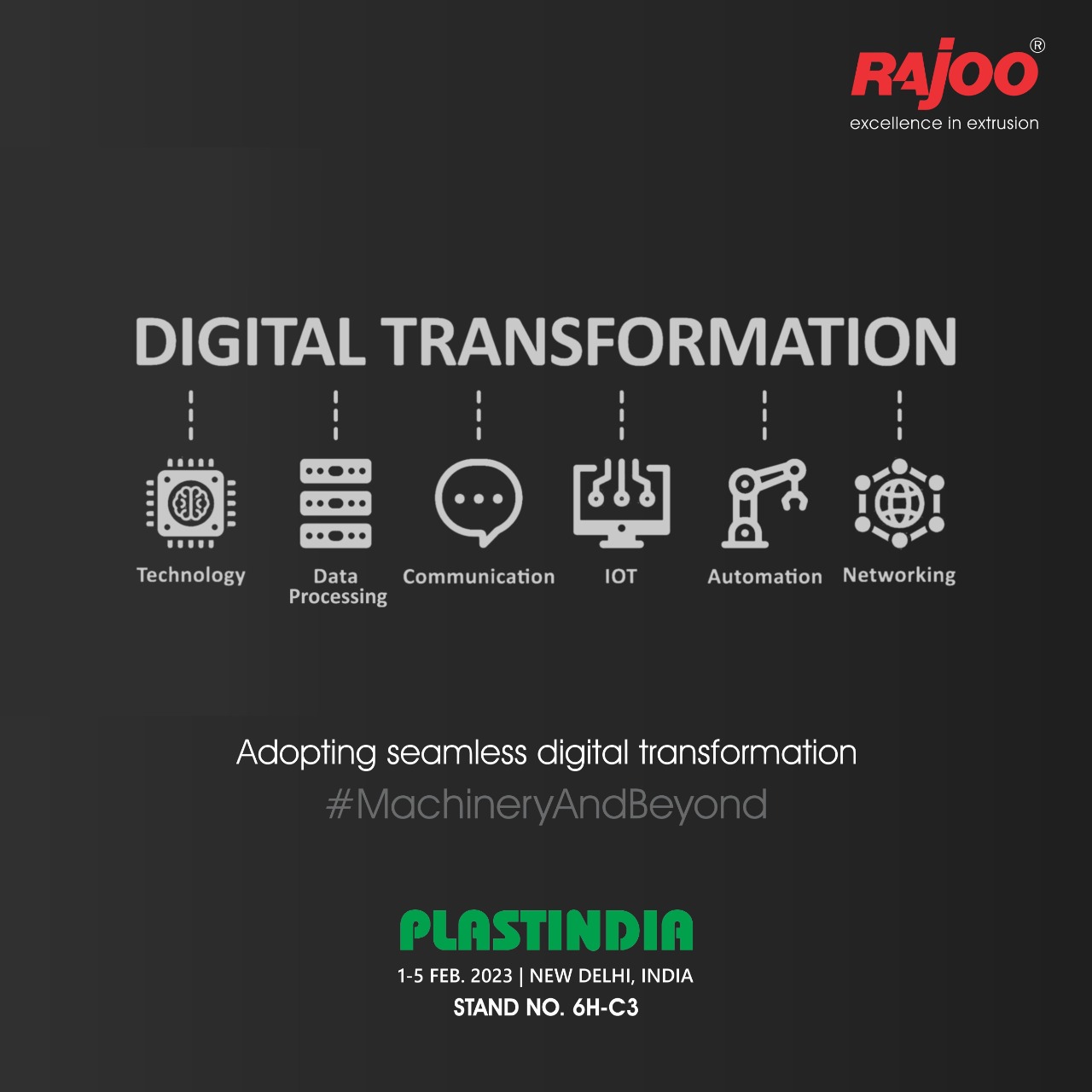 Everything in this World is transforming and we are all set adapting to the digital transformation. Advancing with the digital era through the use of technologies, data processing, global connectivity, IOT, flawless automation, and networking.<br /><br />Let's meet<br />At<br />Date: 1-5 Feb, 2023<br />Visit us at: Stand No. 6H-C3<br />Venue: Pragati Maidan,<br />New Delhi, India<br /><br />#PlastIndia #RajooAtPlastIndia #PlasticExhibition #MachineryAndBeyond #Innovation #Globalization #Sustainability #Growth #Plastics #Engineering #Plastindia2023 #MakeInIndia #Plastic #IndustrialMachines #PragatiMaidan #NewDelhi #India #Plastics #Exhibition #Manufacturing #Packaging #CountDown #RajooEngineers #Rajkot #PlasticMachinery #Machines #PlasticIndustry