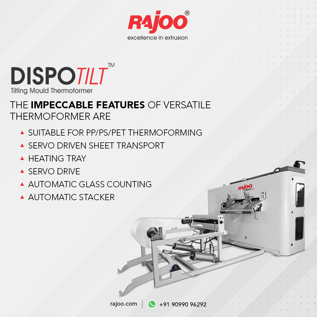 The versatile thermoformer's impeccable features, which make it exceptional in use, result in an outstanding output.<br /><br />For more information,<br />Visit our website,<br />https://www.rajoo.com/dispotilt.html<br /><br />#Dispotilt #Thermoformer #OutstandingOutput #RajooEngineers #Rajkot #PlasticMachinery #Machines #PlasticIndustry